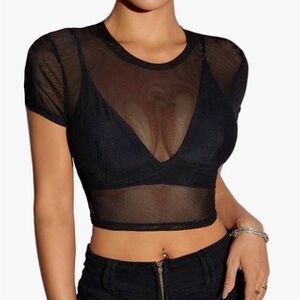Sheer Mesh Crop Top - Black